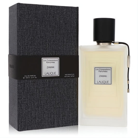 Luxurious Lalique Zamac 3.3 oz EDP. Clear bottle with black cap, unique silver metal strap, and elegant black textured box.