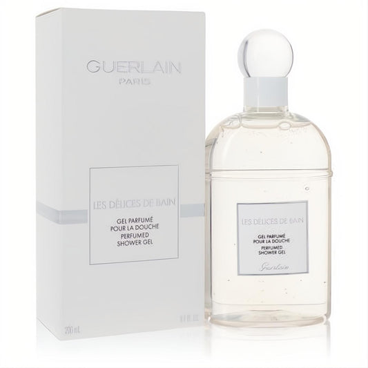 Guerlain Les Delices De Bain Perfumed Shower Gel, 6.7 oz. Clear glass bottle with elegant white cap and matching white box.
