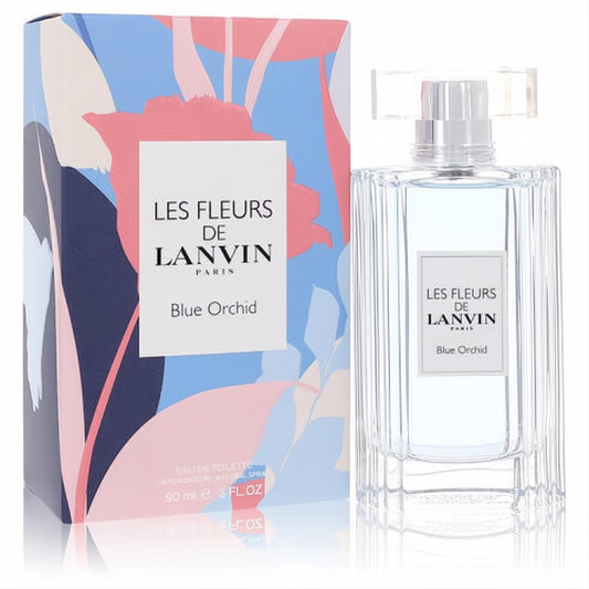 Les Fleurs De Lanvin Blue Orchid 3 oz women's EDT. Elegant clear ribbed glass bottle and vibrant floral box.