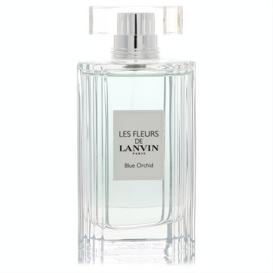 Lanvin Les Fleurs Blue Orchid EDT spray. Elegant clear ribbed glass bottle with refreshing light blue fragrance and a sleek modern cap.