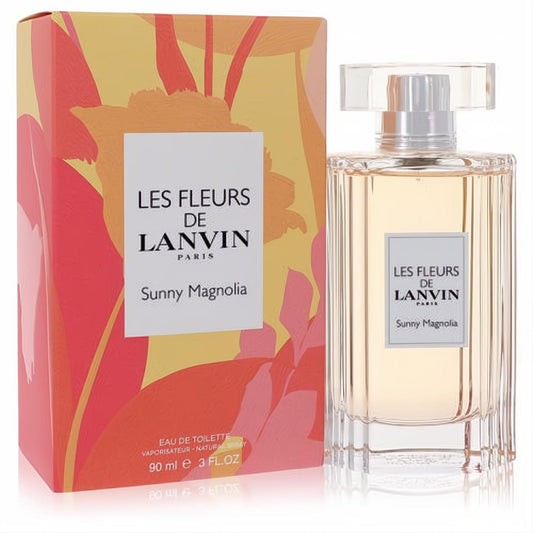 Experience Les Fleurs De Lanvin Sunny Magnolia 3 oz EDT. Elegant clear glass bottle with golden fragrance and vibrant floral box.
