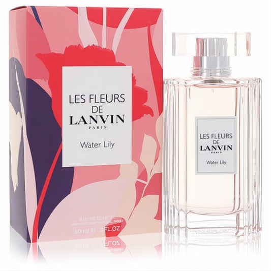 Lanvin Water Lily 3 oz EDT spray in an elegant clear ribbed glass bottle with delicate pink liquid, beside its vibrant floral box.