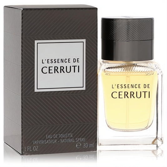L'essence De Cerruti 1 oz men's Eau De Toilette. Clear glass bottle, black cap, and sophisticated dark grey striped box.