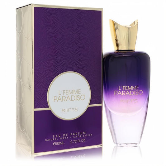 L'femme Paradiso Riiffs 2.72 oz Eau De Parfum: elegant ombre purple bottle with unique gold cap, beside its luxurious purple box.