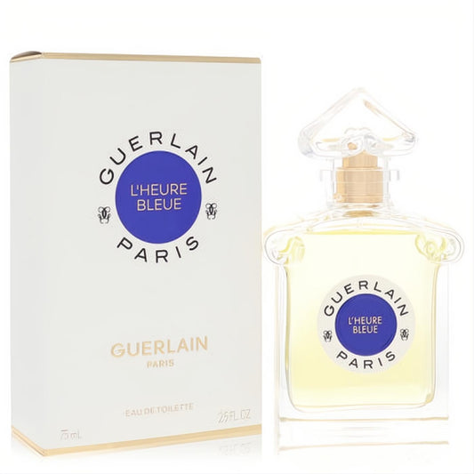 Classic Guerlain L'Heure Bleue 2.5 oz EDT spray in an elegant clear glass bottle with gold cap, beside its white branded box.