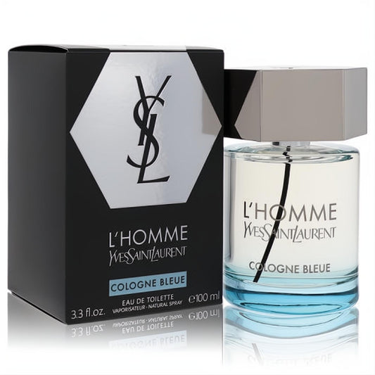Experience L'homme Cologne Bleue by YSL. Elegant 3.3 oz EDT spray bottle with a subtle blue tint and sleek black box.