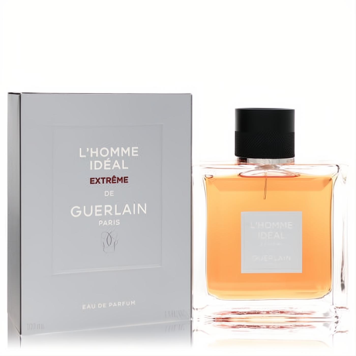Sophisticated L'homme Ideal Extreme by Guerlain 3.3 oz Eau De Parfum. Clear glass bottle with amber liquid, black cap, and elegant grey box.