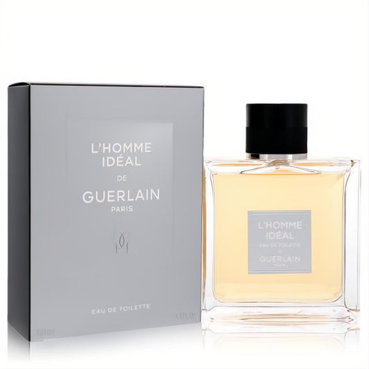 Guerlain L'Homme Idéal 3.3 oz Eau De Toilette. Elegant clear glass bottle with warm amber liquid and a sophisticated gray box.