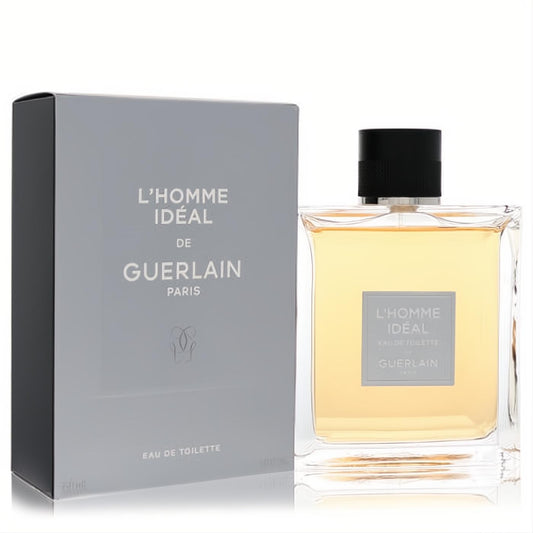 Discover Guerlain L'Homme Idéal 5 oz EDT. Clear glass bottle with warm amber liquid, sleek black cap, and elegant gray packaging.