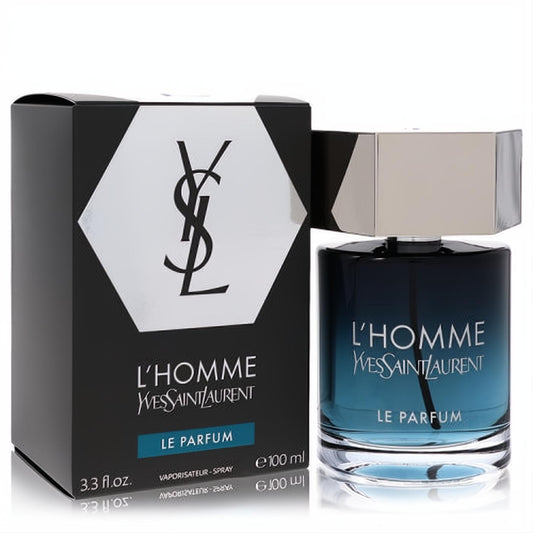 L'homme Le Parfum by YSL 3.4 oz men's cologne. Sleek dark blue bottle with silver cap, beside its elegant black YSL logo box.