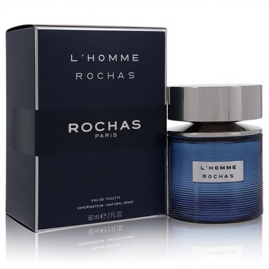 L'homme Rochas 2 oz EDT: elegant blue ribbed glass bottle, sleek silver cap, and dark blue packaging.
