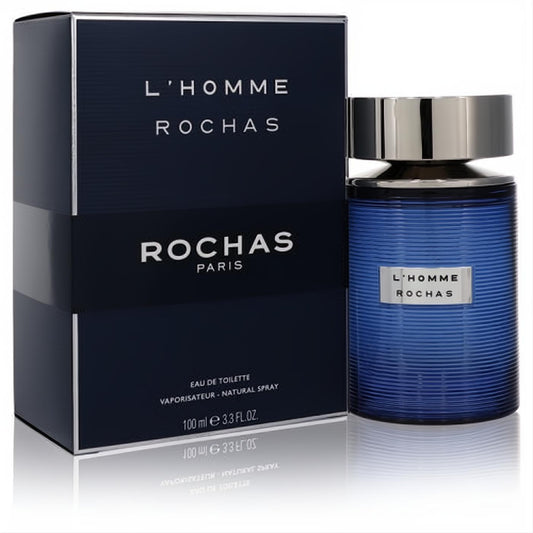 L'homme Rochas 3.3 oz EDT spray. Elegant dark blue ribbed glass bottle with a sleek silver cap.