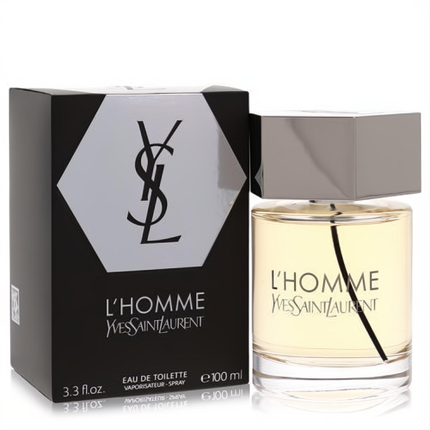 L'Homme Yves Saint Laurent 100ml EDT in a clear bottle with a sleek silver cap, presented with its elegant black YSL logo box.