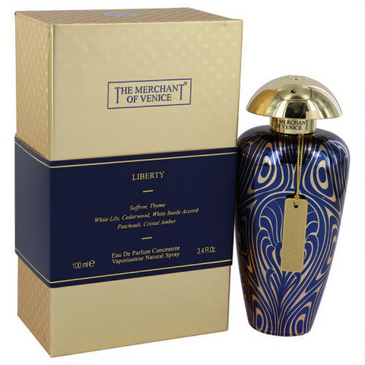 Luxurious Liberty by The Merchant of Venice 3.4 oz unisex perfume. Elegant dark blue bottle with intricate gold patterns, gold cap, and matching box.
