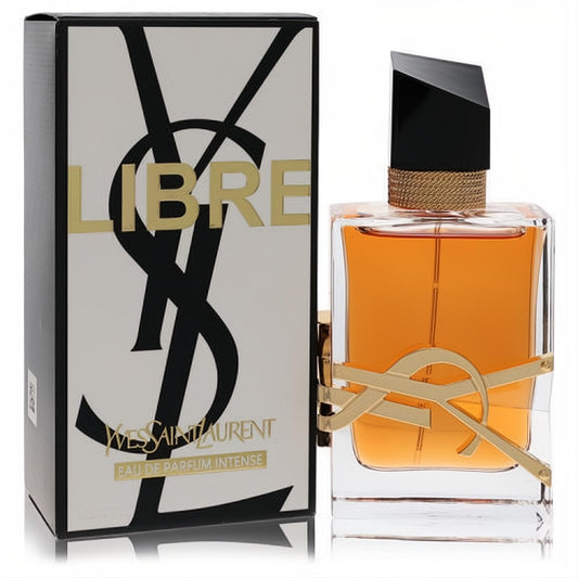 Yves Saint Laurent Libre Intense 1.6 oz EDP spray. Amber liquid in a clear bottle, iconic gold YSL logo, black cap, and elegant box.