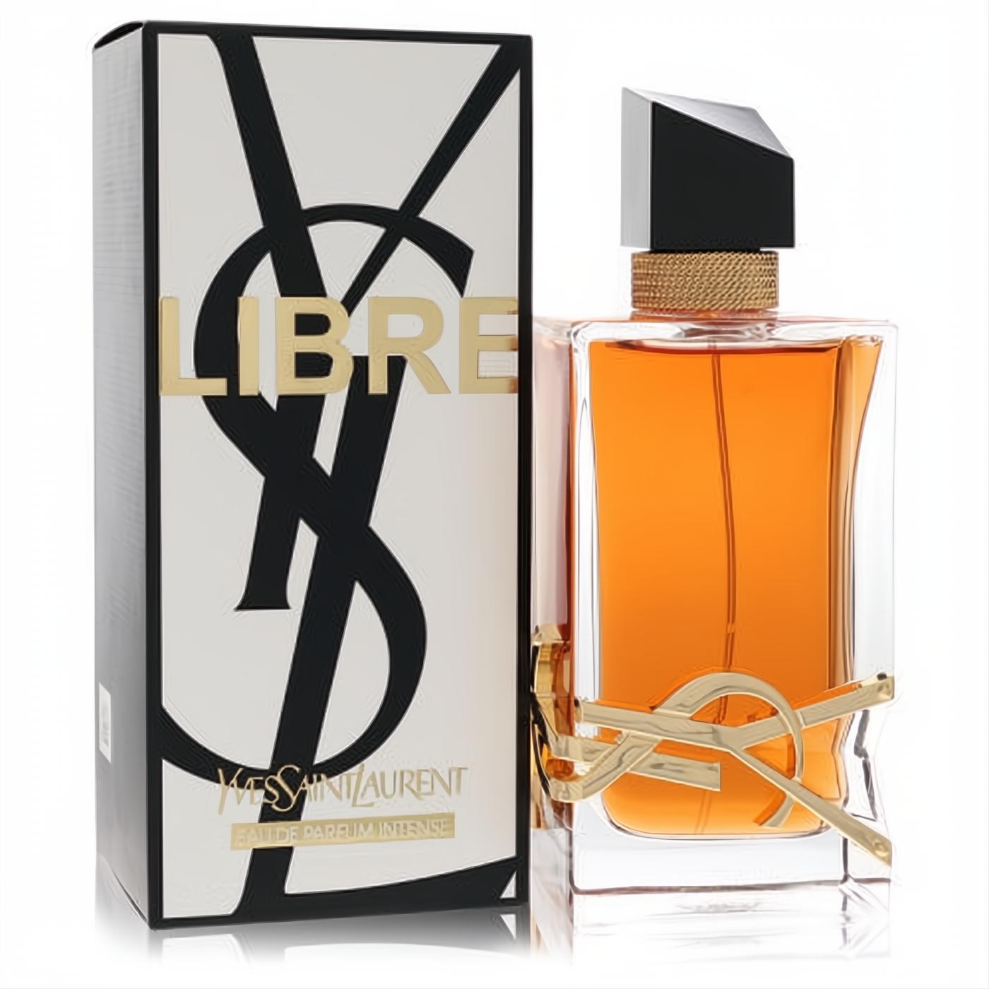 YSL Libre Intense 3 oz Eau de Parfum. Amber fragrance in an elegant clear glass bottle with a striking gold YSL logo and sophisticated black cap.