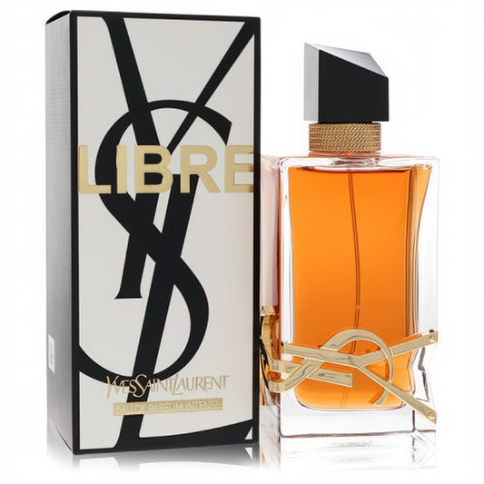 YSL Libre Intense 3 oz Eau de Parfum. Amber fragrance in an elegant clear glass bottle with a striking gold YSL logo and sophisticated black cap.