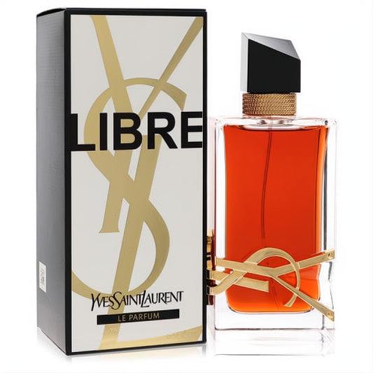 Luxurious YSL Libre Le Parfum 3 oz spray bottle, showcasing rich amber liquid, bold gold logo, and sleek black cap.