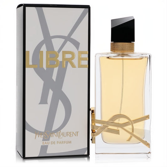 Sophisticated YSL Libre 3 oz Eau De Parfum bottle with golden liquid, sleek black cap, and iconic gold logo, next to its elegant white box.