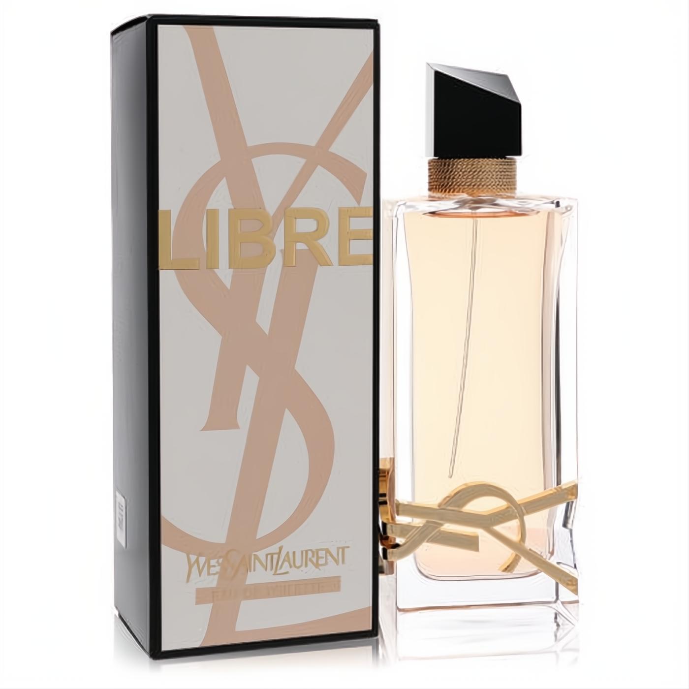 Indulge in Libre by YSL 3 oz Eau De Toilette. Clear bottle with iconic gold logo, elegant black cap, and amber liquid, beside its stylish box.