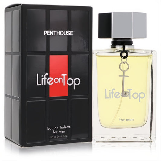 Penthouse Life on Top 4.2 oz men's EDT. Elegant clear glass bottle with amber liquid, sleek silver cap, and striking black & red box.