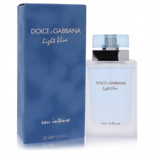 Dolce & Gabbana Light Blue Eau Intense 1.6 oz. Frosted glass bottle with light blue cap, beside its elegant blue box.