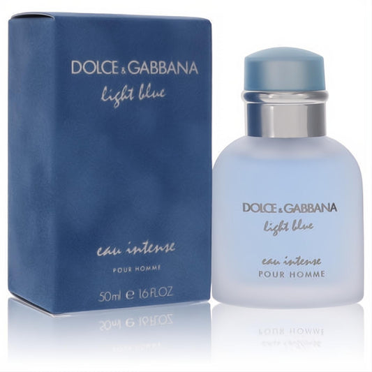 Dolce & Gabbana Light Blue Eau Intense men's 1.6 fl oz cologne. Elegant frosted blue bottle with silver accents and dark blue box.