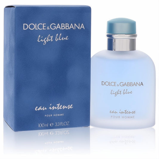 Captivating Dolce & Gabbana Light Blue Eau Intense 3.3 oz men's fragrance. Frosted sky blue bottle, sleek silver neck, and deep blue box.