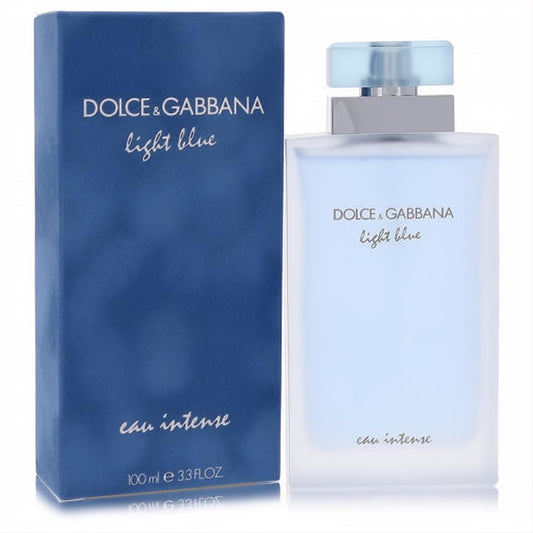 Dolce & Gabbana Light Blue Eau Intense 3.3 oz women's perfume. Frosted light blue bottle, sleek cap, and matching dark blue box.