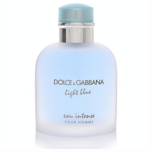 Experience D&G Light Blue Eau Intense 3.3 oz men's EDP. Frosted light blue bottle, sleek silver band, cool blue cap.