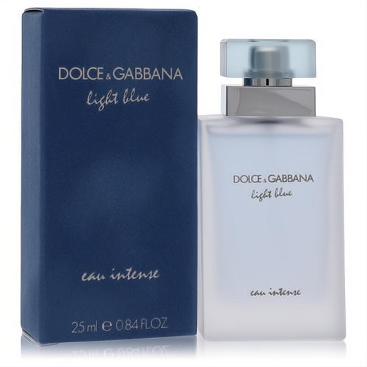 Elegant women's Dolce & Gabbana Light Blue Eau Intense .84 oz EDP. Frosted light blue bottle, silver neck, translucent cap, dark blue box.