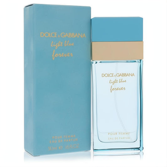 Dolce & Gabbana Light Blue Forever 1.6 oz Eau De Parfum. Iconic clear bottle with light blue liquid, elegant gold band, and cap. Fresh women's fragrance.