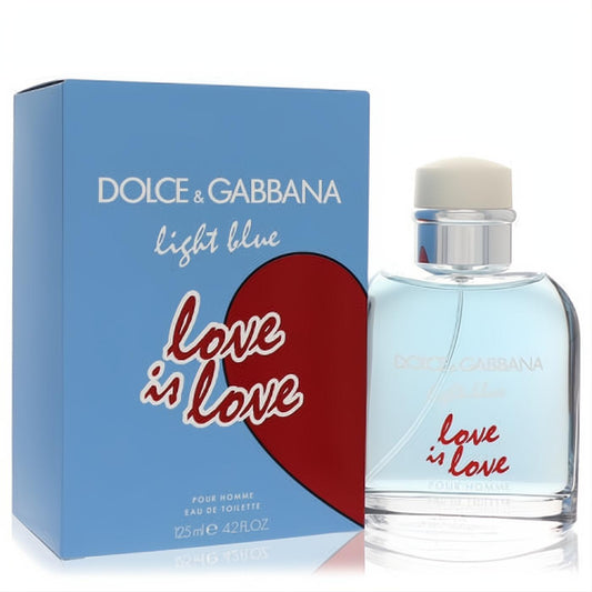Dolce & Gabbana Light Blue Love Is Love Pour Homme 4.2 oz EDT. Clear bottle with light blue liquid and matching box featuring a vibrant red heart.