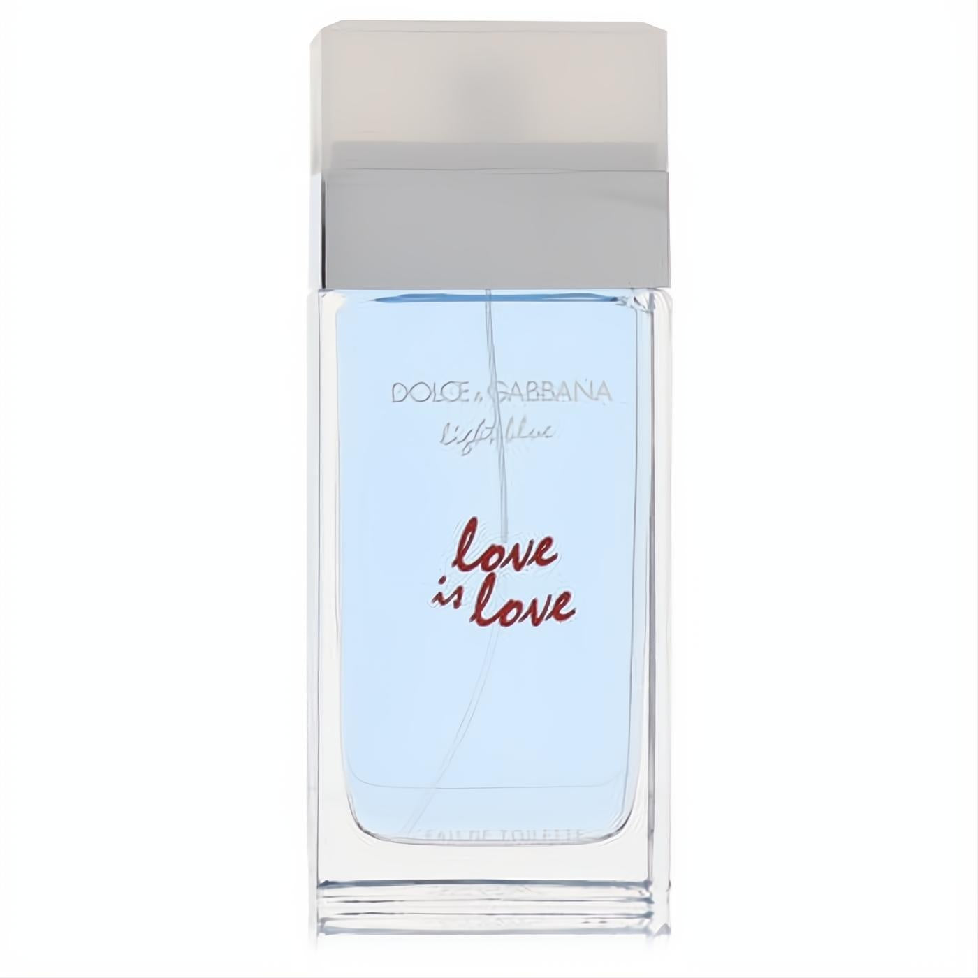 Iconic D&G Light Blue Love Is Love 3.3 oz EDT. Clear rectangular bottle, light blue liquid, vibrant red script, frosted cap.