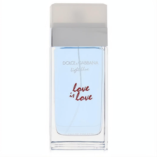 Iconic D&G Light Blue Love Is Love 3.3 oz EDT. Clear rectangular bottle, light blue liquid, vibrant red script, frosted cap.