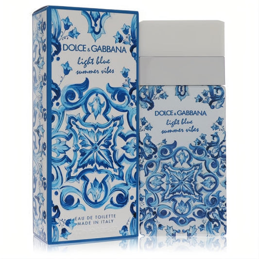 Dolce & Gabbana Light Blue Summer Vibes 3.4 oz EDT. Captivating blue & white Mediterranean tile design on bottle & box.