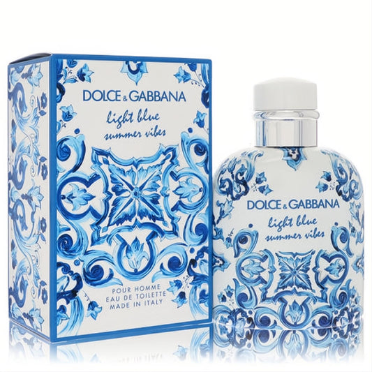 Dolce & Gabbana Light Blue Summer Vibes 4.2 oz EDT. Elegant blue & white Mediterranean tile bottle and matching box.