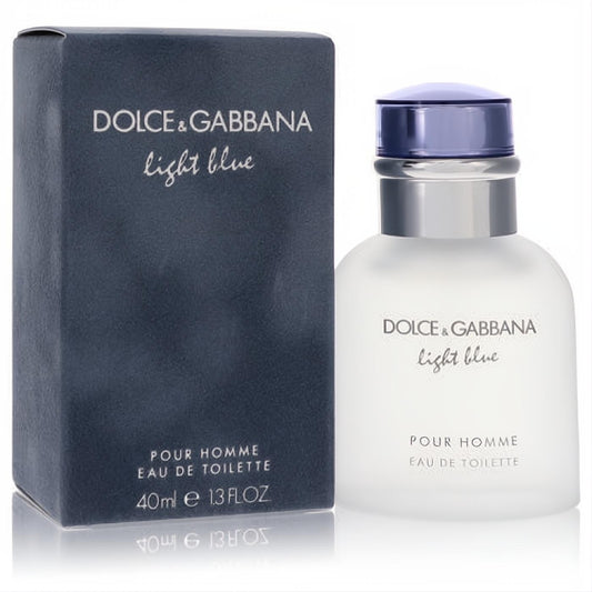 Sophisticated Dolce & Gabbana Light Blue Pour Homme 1.3 oz EDT in frosted glass with sleek blue cap, next to its elegant dark blue box.