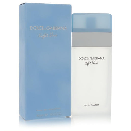 Dolce & Gabbana Light Blue 1.6 oz EDT. Iconic frosted bottle with light blue cap and elegant matching box.