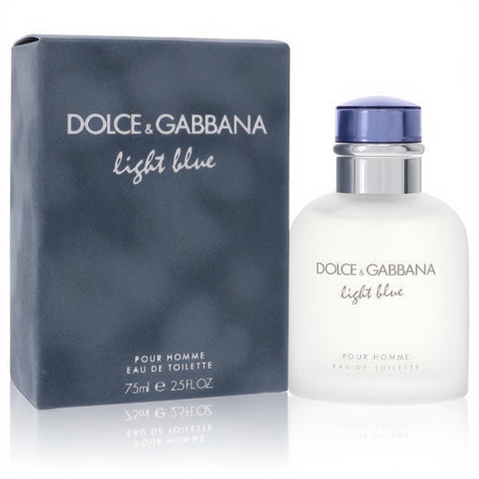 Elevate your style with Dolce & Gabbana Light Blue Pour Homme 2.5 oz EDT. Frosted bottle, light blue cap, and sleek matching box.