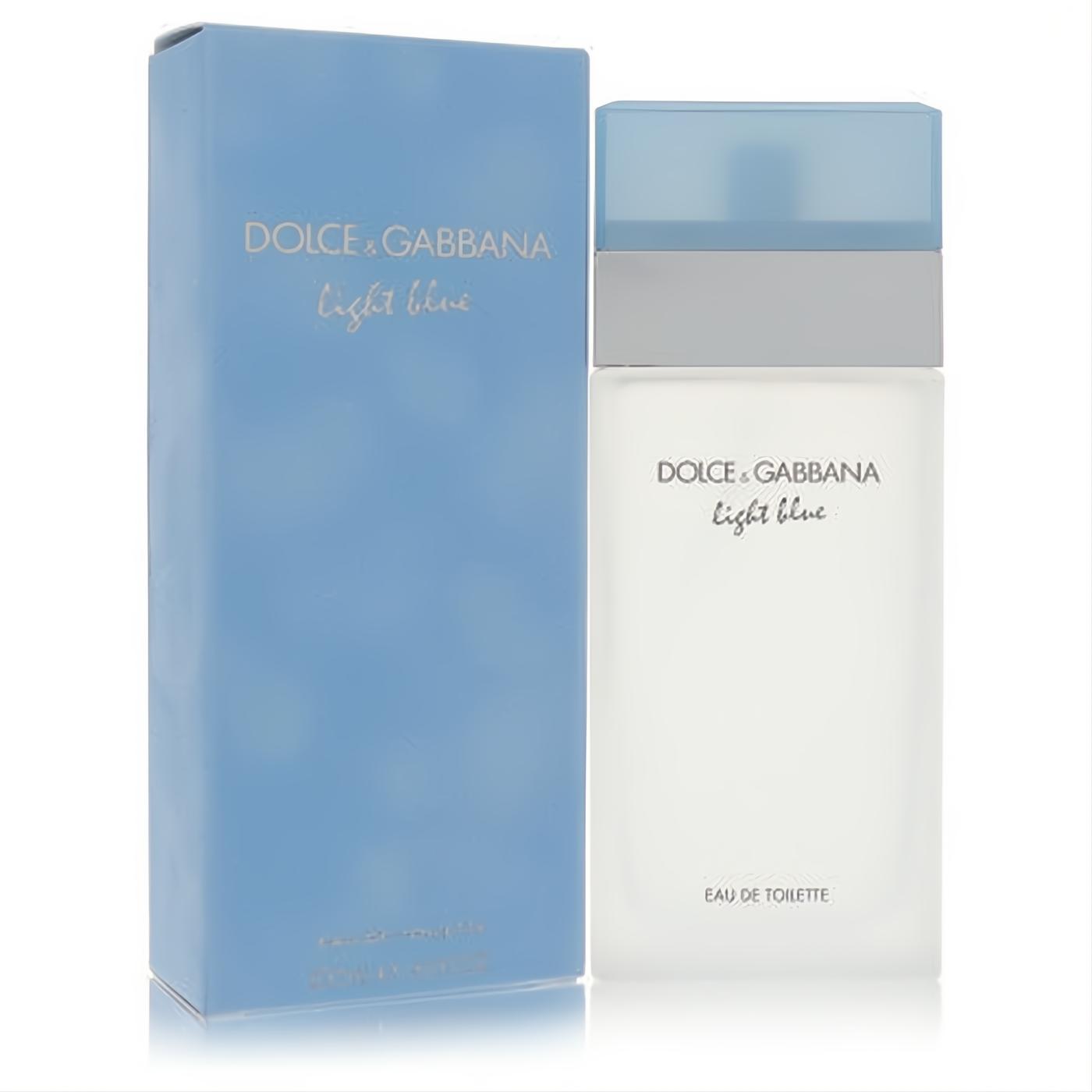 Iconic Dolce & Gabbana Light Blue 3.3 oz women's Eau De Toilette. Elegant frosted bottle, light blue cap, and matching box.