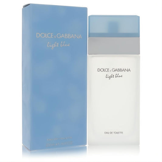 Iconic Dolce & Gabbana Light Blue 3.3 oz women's Eau De Toilette. Elegant frosted bottle, light blue cap, and matching box.