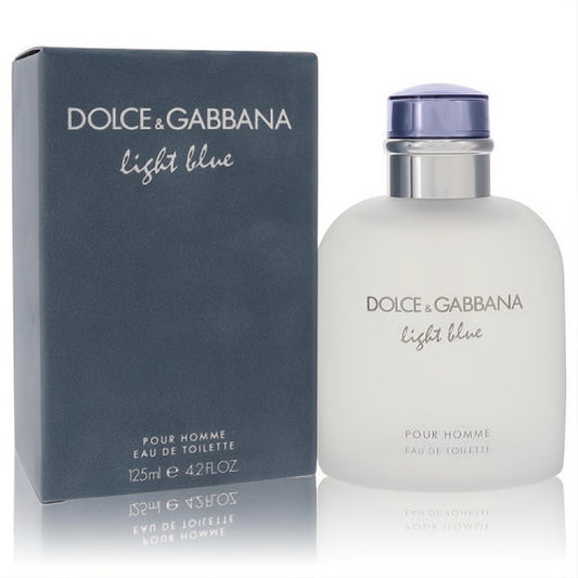 Experience Dolce & Gabbana Light Blue 4.2 oz men's EDT. Frosted glass bottle with a sleek blue cap, next to its elegant blue-grey box.