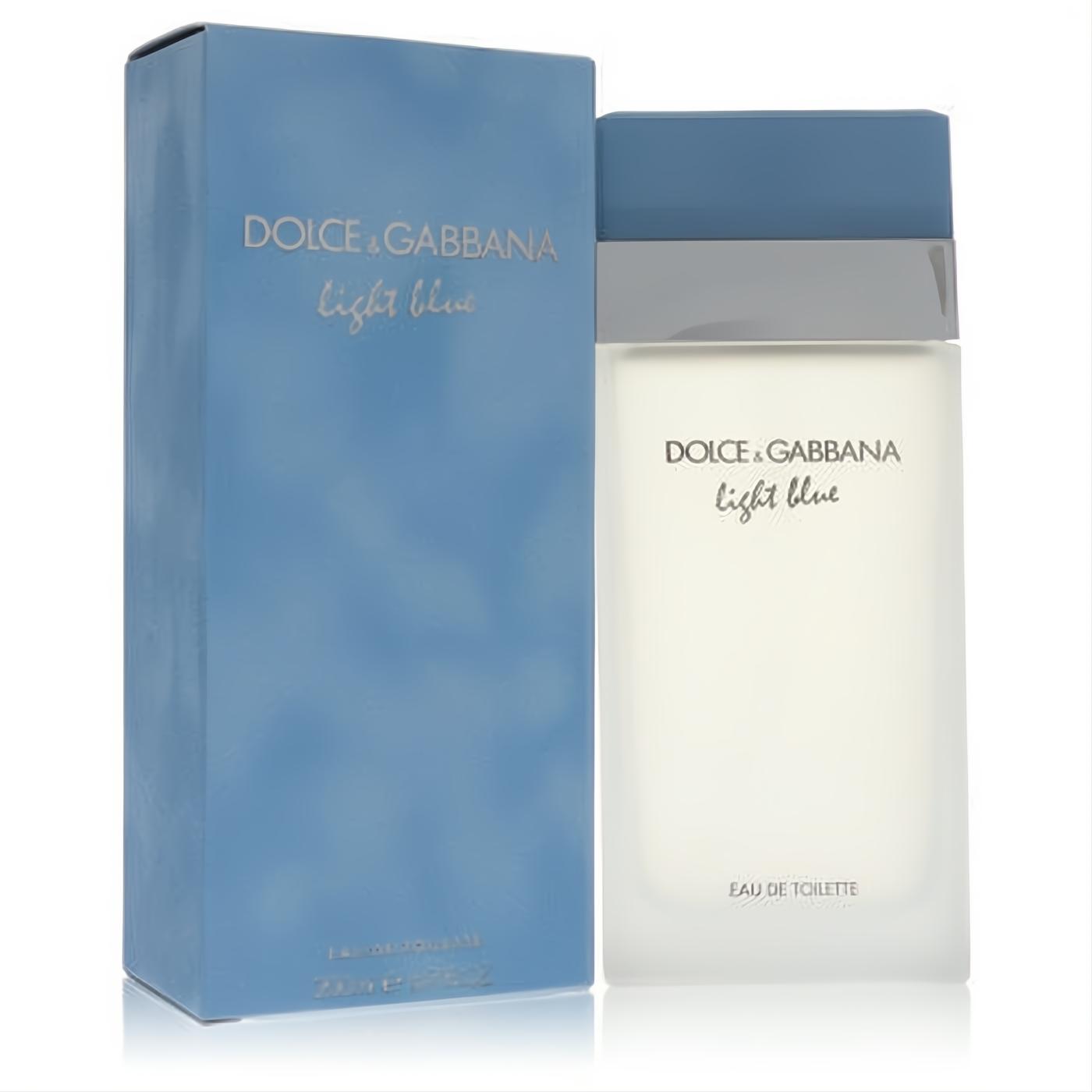 Dolce & Gabbana Light Blue 6.7 oz EDT. Iconic frosted glass bottle with light blue cap, displayed with its elegant matching box.
