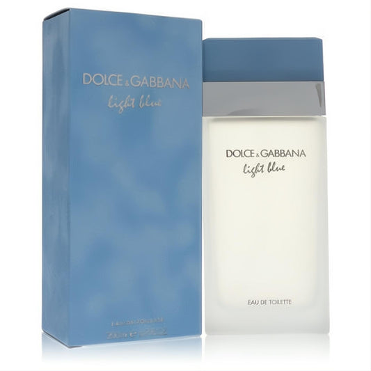 Dolce & Gabbana Light Blue 6.7 oz EDT. Iconic frosted glass bottle with light blue cap, displayed with its elegant matching box.