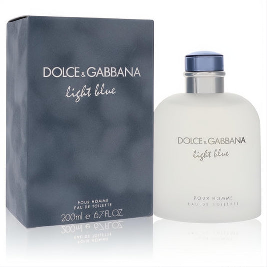 Dolce & Gabbana Light Blue men's 6.8 oz Eau De Toilette. Frosted bottle with light blue cap, beside its sleek grey box.