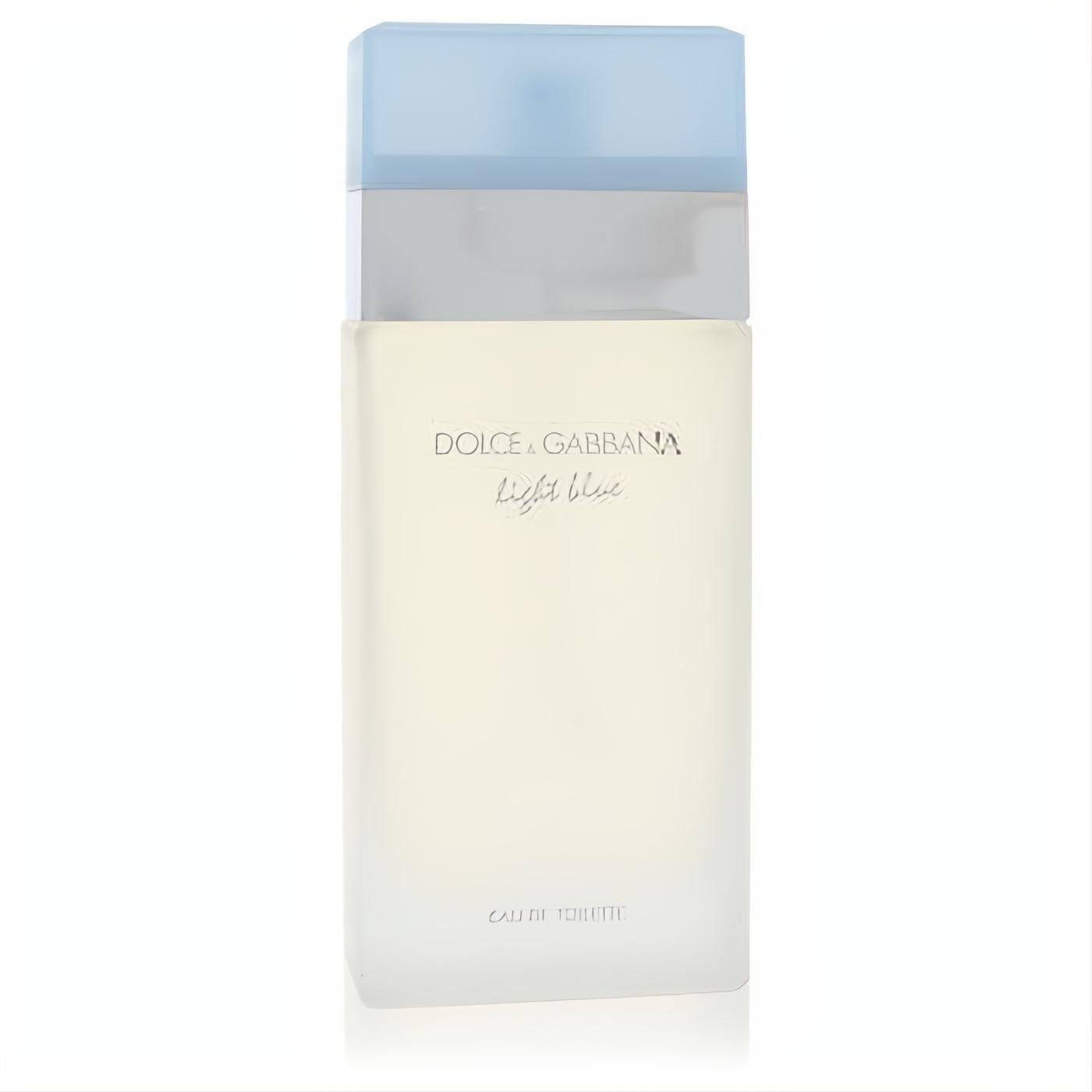 Iconic Dolce & Gabbana Light Blue Eau De Toilette in a sleek frosted glass bottle with a translucent light blue cap.
