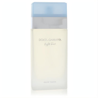 Iconic Dolce & Gabbana Light Blue Eau De Toilette in a sleek frosted glass bottle with a translucent light blue cap.