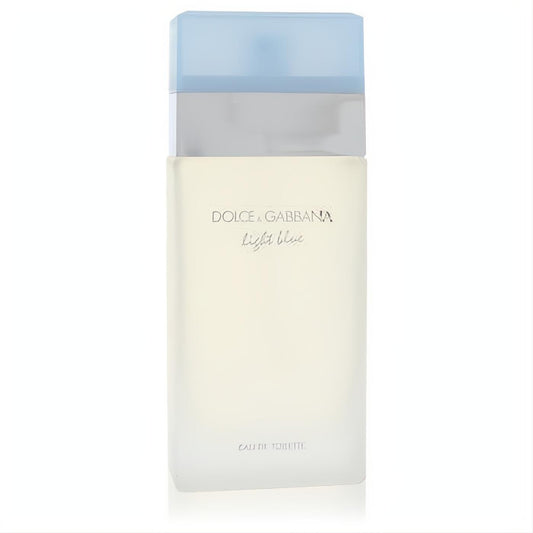 Iconic Dolce & Gabbana Light Blue Eau De Toilette in a sleek frosted glass bottle with a translucent light blue cap.
