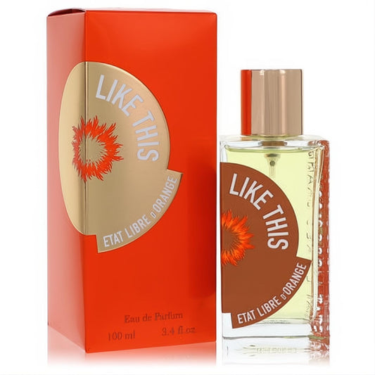 Enticing Like This by Etat Libre D'Orange 3.4 oz women's perfume. Clear bottle with amber liquid, vibrant orange box, and signature floral design.